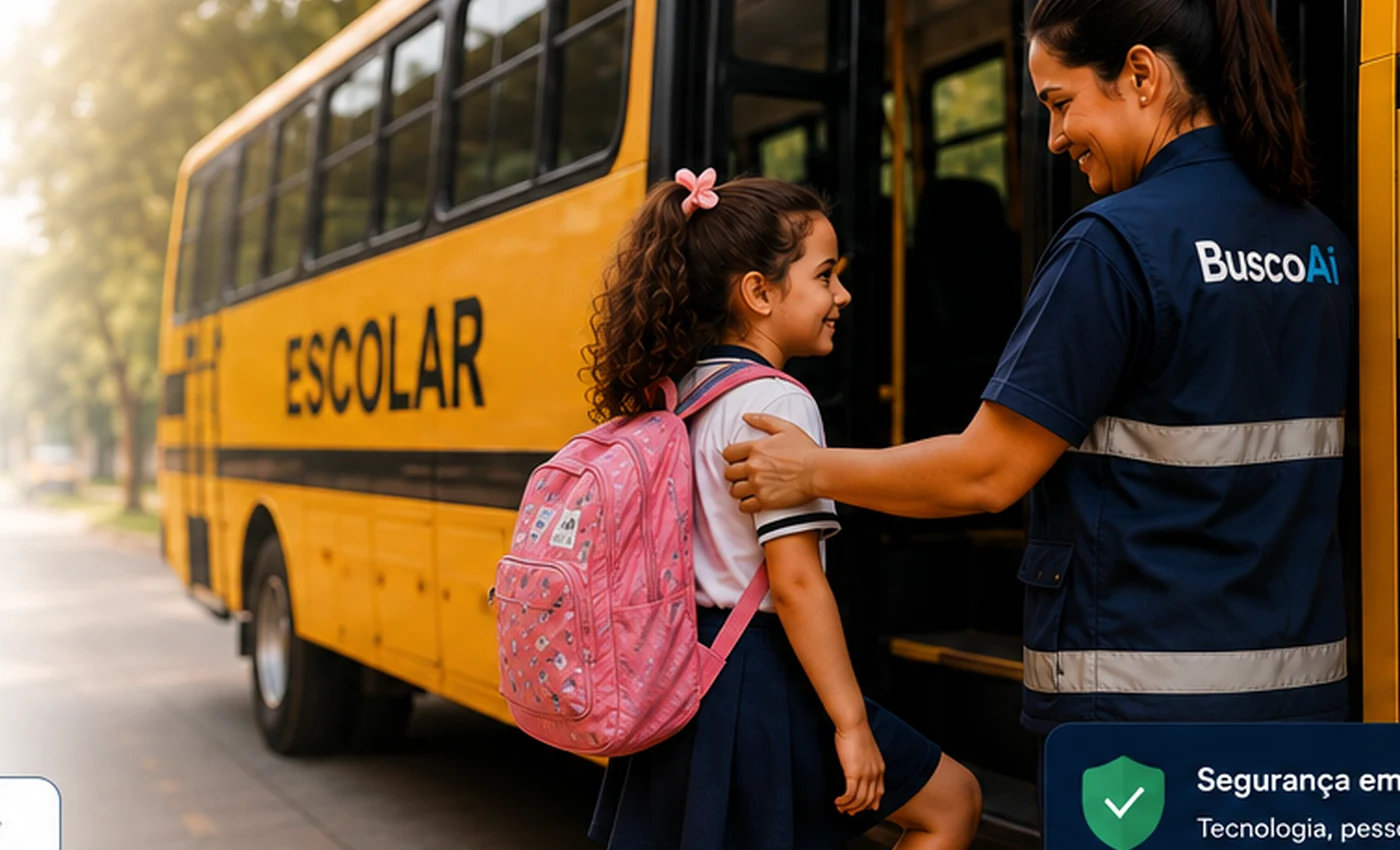 Monitor auxiliando uma criança no embarque do transporte escolar